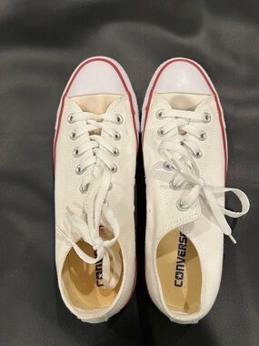 Converse White Low-Top Canvas Sneakers with Red Sole Stripe